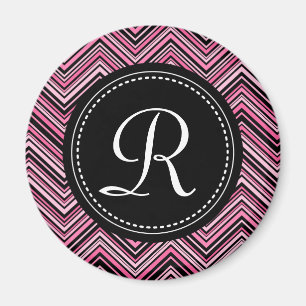 Imán Patrón Monogramado De Chevron Tribal Negro Rosa