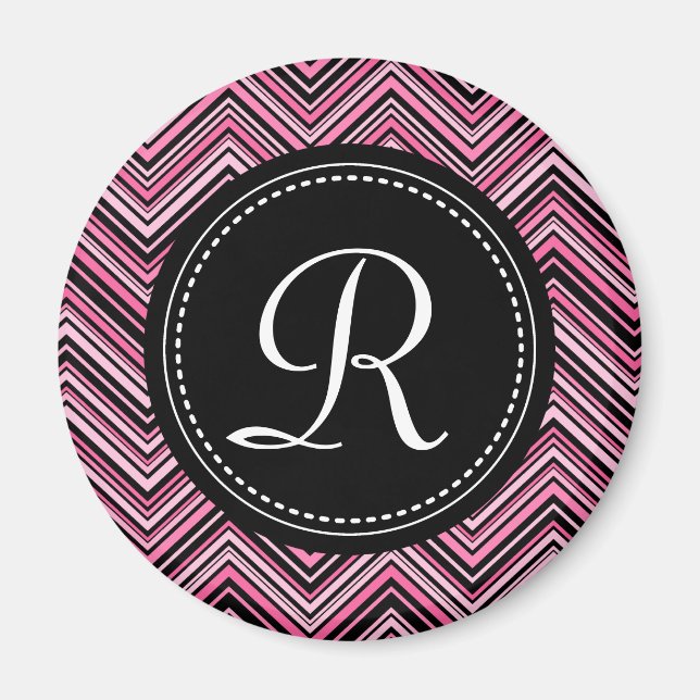 Imán Patrón Monogramado De Chevron Tribal Negro Rosa (Frente)