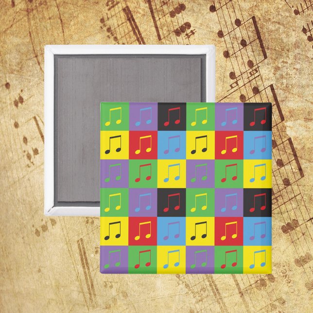 Imán Patrón musical 8Notas Arcoiris (A magnet with a music note pattern done in yellow, green, blue, purple, red and black)
