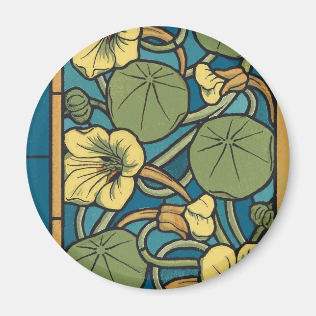 Imán Patrón Nouveau de flor de nasturcio amarillo azul (Frente)
