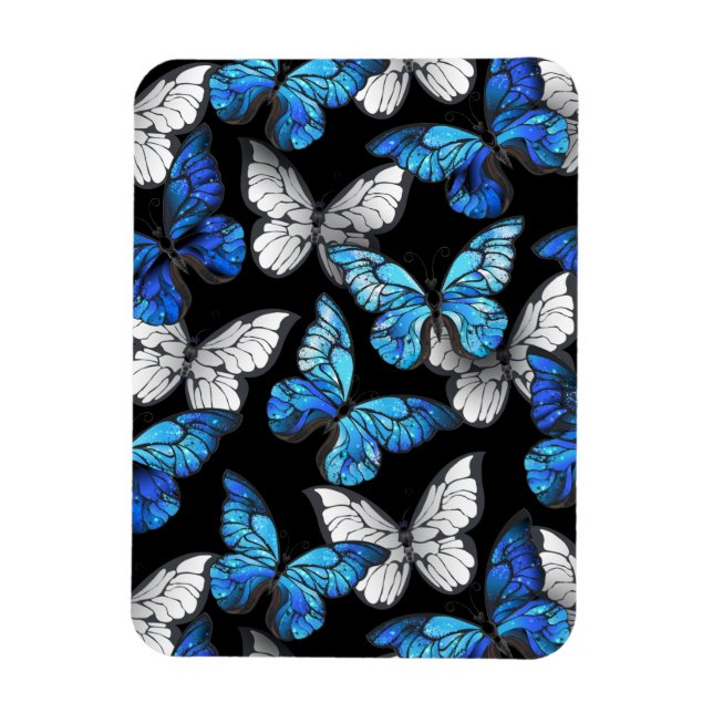 Imán Patrón oscuro sin costuras con mariposas azules Mo (Vertical)