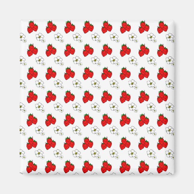 Imán Patrón Retro de Fresa Roja y Flor (Frente)