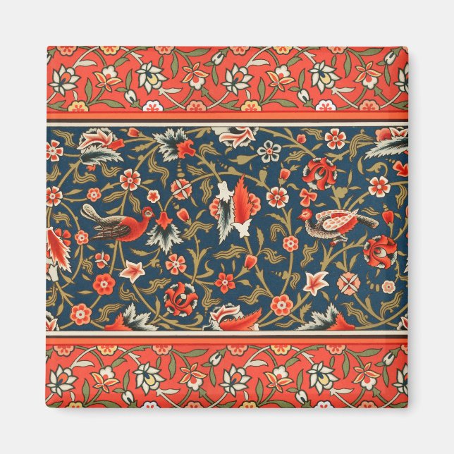 Imán Patrón rojo azul pájaro y flor (Frente)