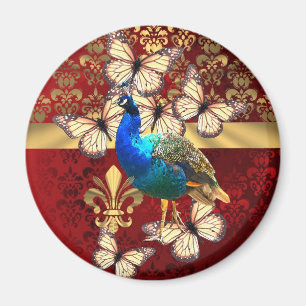 Imán Pavo real elegante del vintage y damasco rojo