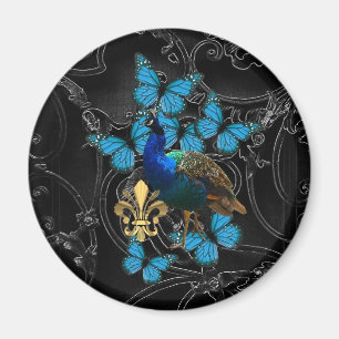 Imán Pavo real elegante y mariposas azules en negro