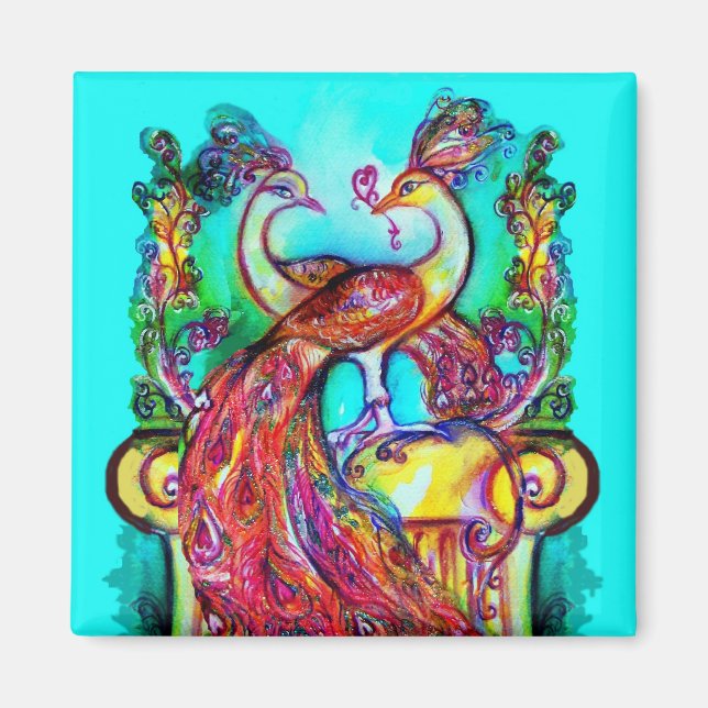 Imán PAVOS REALES ENAMORADOS  MONOGRAMA rojo azul turqu (Frente)