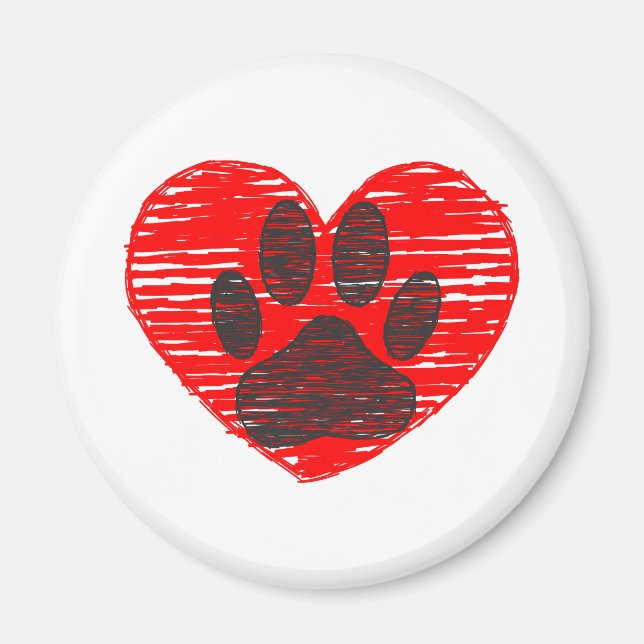 Imán Paw De Perro Esbozada En El Corazón Rojo (Frente)