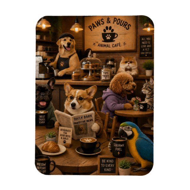 Imán Paws and Pours, cafetería de animales (Vertical)