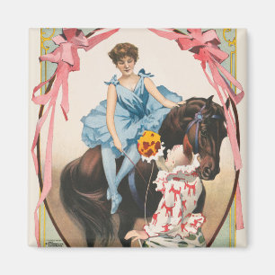 Imán Payaso Entregando Flores A Una Mujer A Caballo