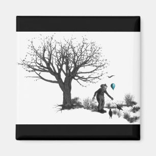 Imán Payaso globo de árbol viejo y pájaros negros turqu