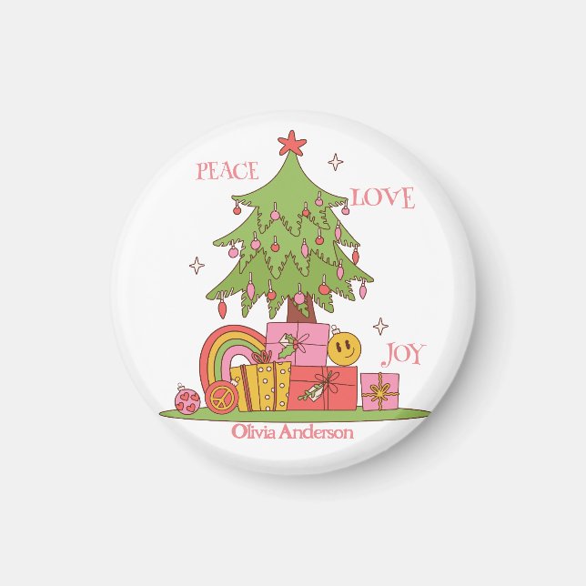 Imán Paz, amor y alegría - Árbol de Navidad retro lindo (Frente)