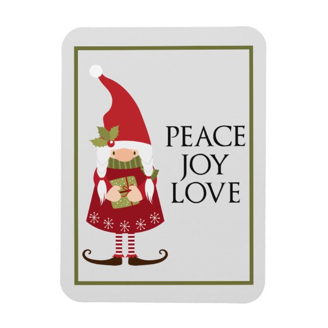 Imán Peace Joy Love Chica Gnome Holiday (Vertical)