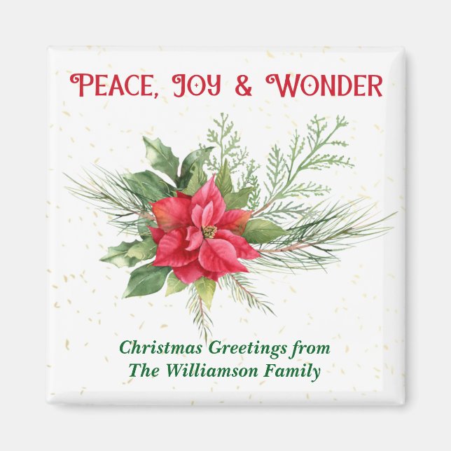 Imán Peace Joy & Wonder Red Poinsettia Christmas (Frente)