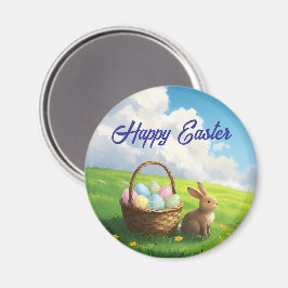 Imán Peaceful Easter Spring Meadow Bunny & Egg Basket