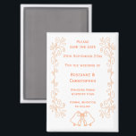 Imán Peach Bells Scrollwork Wedding Guardar La Fecha<br><div class="desc">La boda salva el diseño de las campanas de imán de fecha. Personalizar esta boda de color melocotón ahorra el imán de fecha con los detalles de su boda. Si necesita ayuda para personalizar, póngase en contacto con nosotros a través del enlace de esta página. Diseño de campanas coloreadas de...</div>