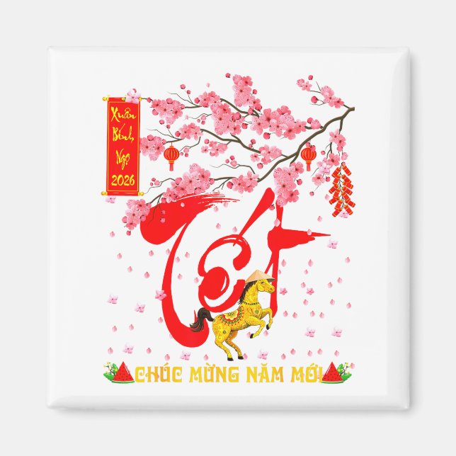 Imán Peach Blossom Vietnamese Lunar New Year Horse 2026 (Frente)