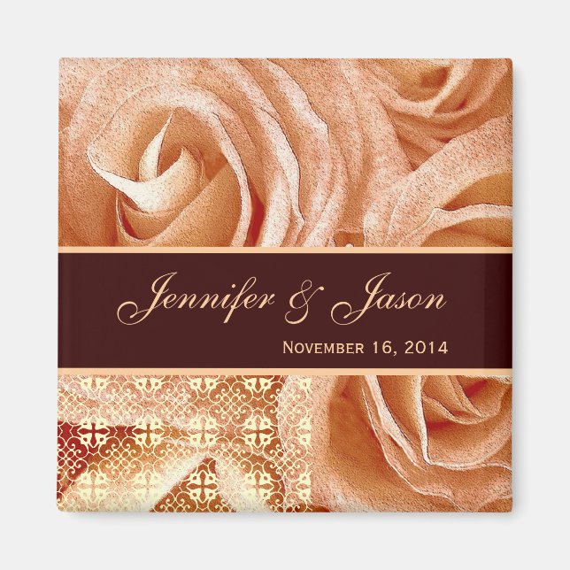 Imán Peach & Chocolate Boda Lace Rose Bouquet (Frente)