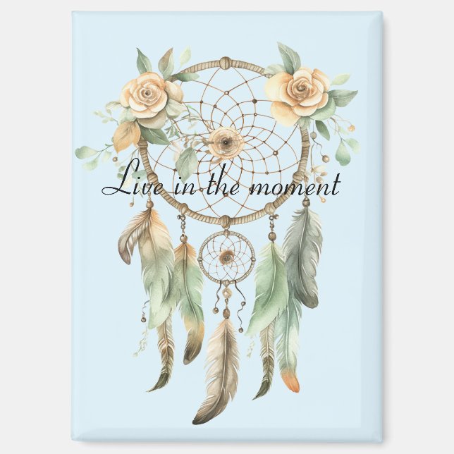 Imán Peach Floral Green Feathers Dream Catcher (Anverso)