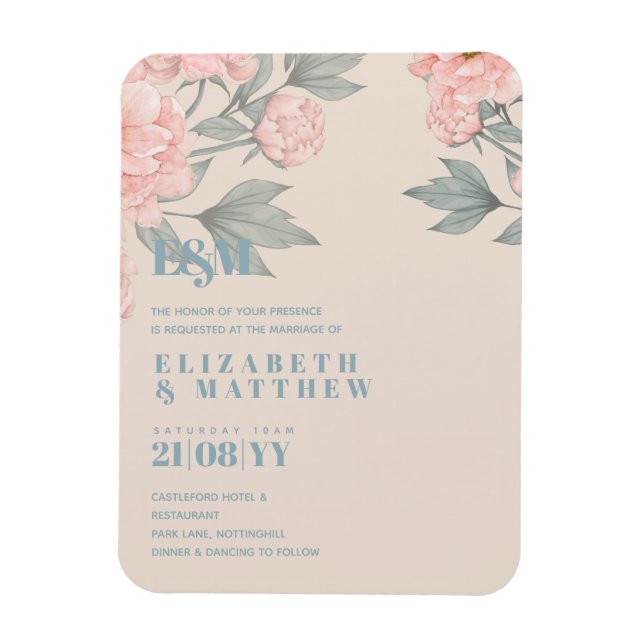 Imán Peach Peonies Sage Floral Budget Boda (Vertical)