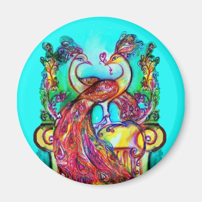 Imán PEACOCKS EN AMOR MONOGRAMA azul turquesa rojo verd (Frente)