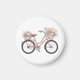 Imán Pegatina de bicicleta rosa vintage con cestas flor