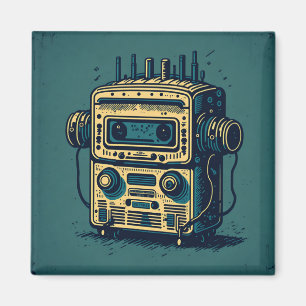 Imán Pegatina Redonda vintage cute robot radio cassette