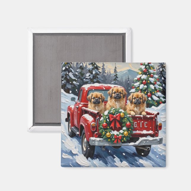 Imán Pekingese Christmas Red Truck Holiday (Anverso/Reverso)