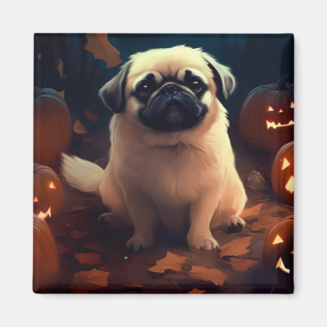 Imán Pekingese de Halloween con calabazas aterradoras (Frente)