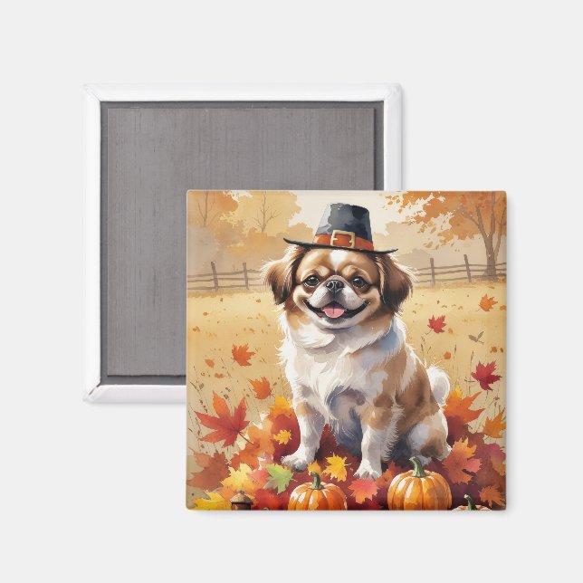 Imán Pekingese en otoño deja arte de Acción de Gracias (Anverso/Reverso)