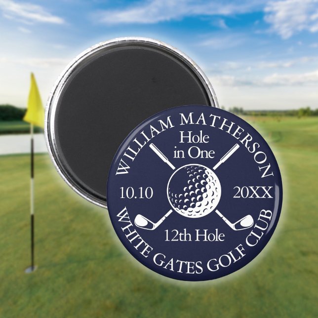 Imán Pelota y palos de golf Hole in One azul marino (Hole in One Golf Ball And Clubs Navy Blue Magnet)