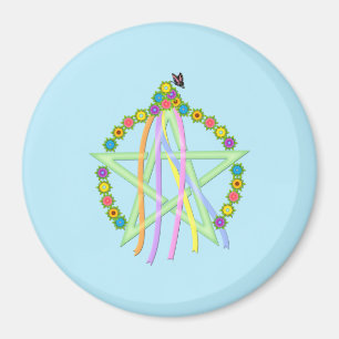 Imán Pentagrama de Beltane con cintas y flores pasteles