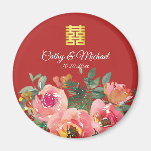 Imán Peonía floral doble felicidad boda china roja