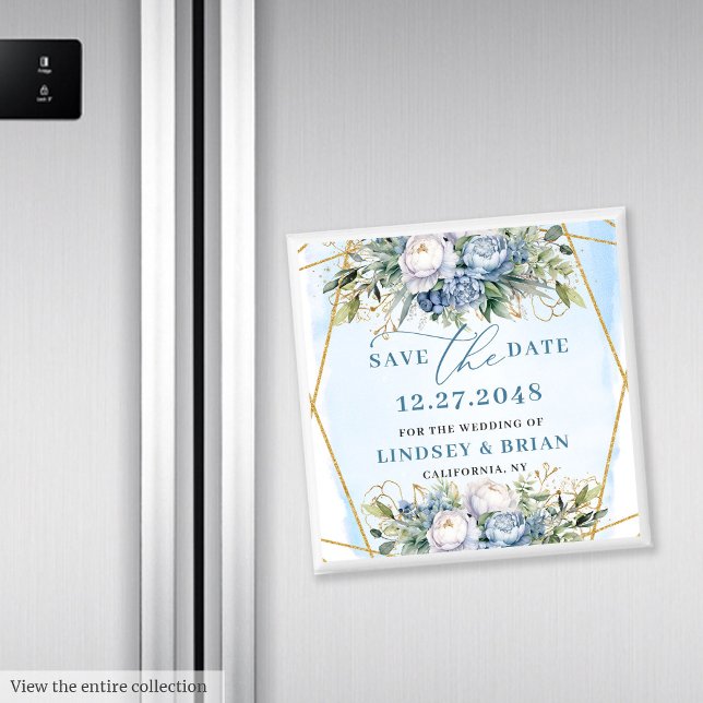 Imán Peonías Azules Chic Dusty con Marco Dorado Guardar (Chic Dusty Blue Peonies Gold Frame Save the Date)
