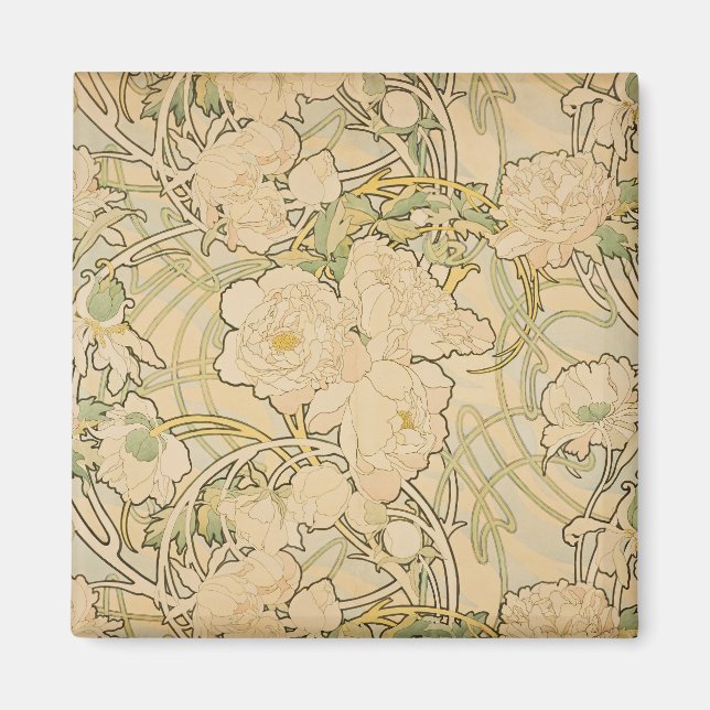 Imán Peonías de Alphonse Mucha, Art Nouveau vintage (Frente)