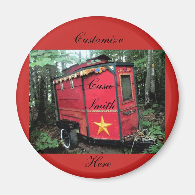 Imán Pequeña caravana gitana roja personalizada en cara (Frente)
