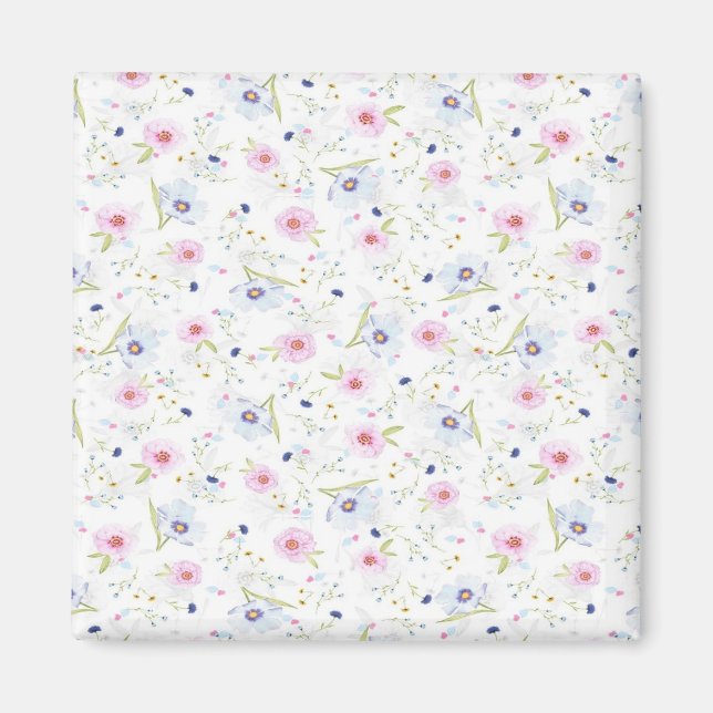 Imán Pequeñas flores rosas y azules en blanco (Frente)