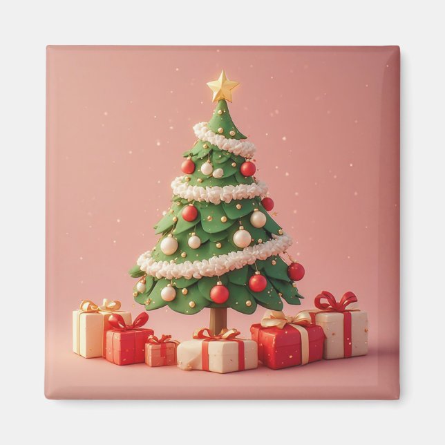 Imán Pequeño árbol de Navidad decorado con regalos (Frente)