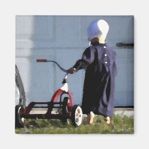 Imán Pequeño chica de Amish con su Trike-Acuarela