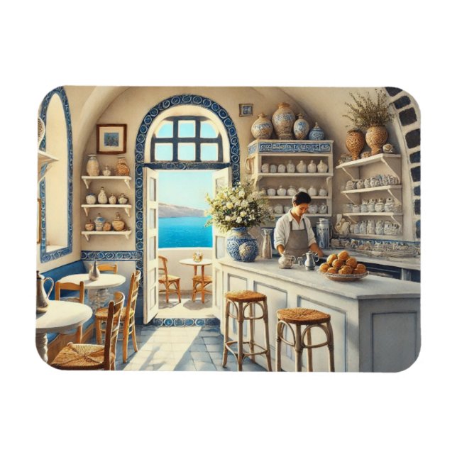 Imán Pequeño Coffeeshop en Santorini (Horizontal)