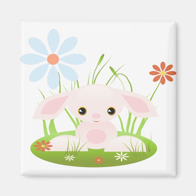 Imán Pequeño conejito rosa con flores (Frente)