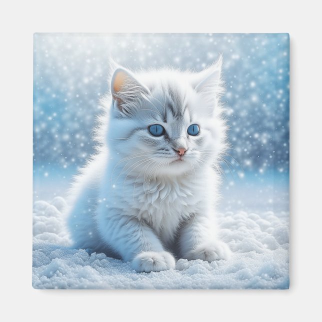 Imán Pequeño gatito blanco en Navidades de nieve (Frente)