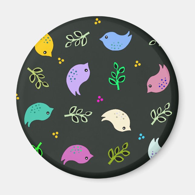 Imán Pequeño patrón de pájaros coloridos sobre negro (Frente)