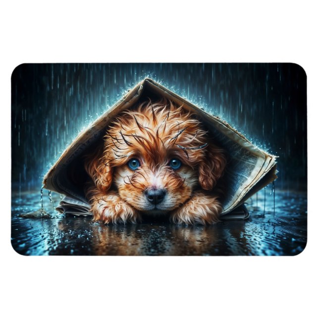 Imán Pequeño perro lindo en el día de la lluvia con ojo (Horizontal)