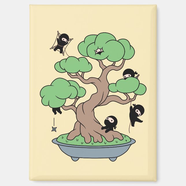 Imán Pequeños Ninjas en árbol bonsai en amarillo (Anverso)