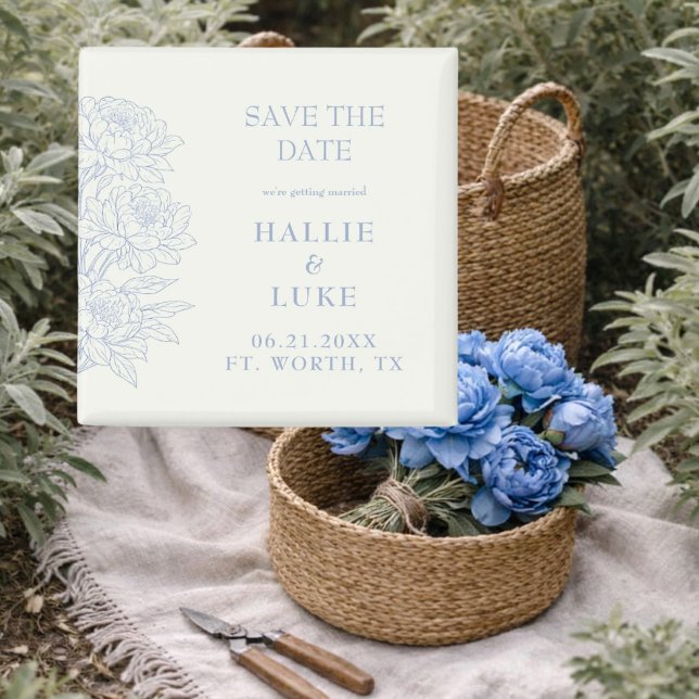 Imán Periwinkle Blue Peony Line Art Wedding Save Date (Subido por el creador)