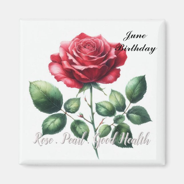 Imán Perla de piedra de nacimiento de junio y rosa roja (Frente)