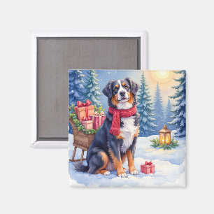 Imán Perrito de montaña bernés en trineo Navidad acuare