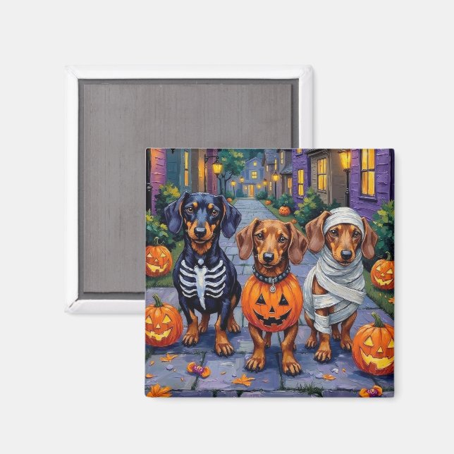 Imán Perritos Dachshund Trick-or-Treating en Halloween (Anverso/Reverso)