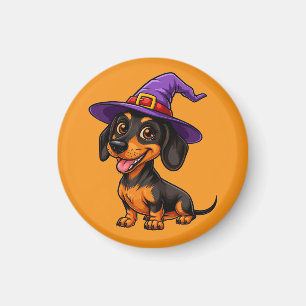 Imán Perro Adorable con Sombrero de Brujo Púrpura