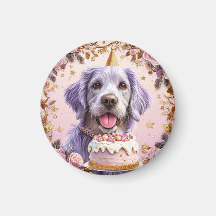 Imán Perro adorable de cumpleaños con pastel celebrando